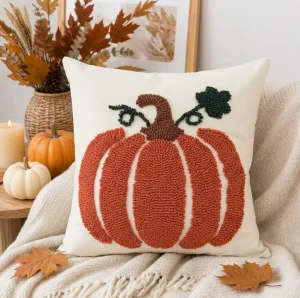 Cute Square Creamy Style Towel Embroidered Pumpkin Throw Pillow Cover Customizable Polyester Sofa Cushion Halloween Decorative
