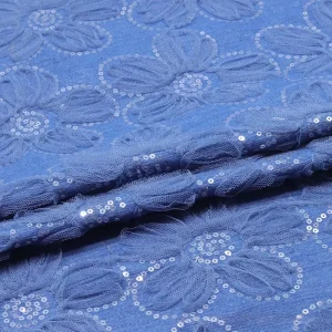 Daisy Sequin Embroidered Denim Fabric Sequined Lace Denim Fabric for Women’s Dress