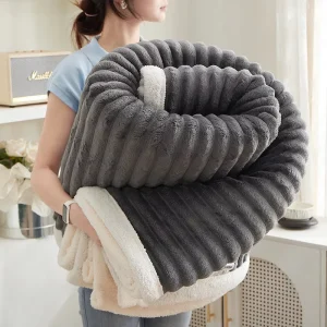 Dark Gray Solid Thick Striped Sherpa Throw Blanket Double Sided Soft Warm Eco Friendly All Season Sofa Bed Cozy Winter Home