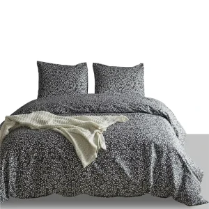 Dark Grey Leaf Print 3Pcs Duvet Cover Set Soft Cotton Bedding Set with Tiny Leaves Pattern Breathable for Home Hotel