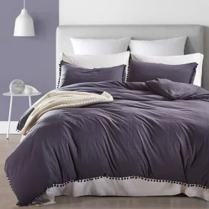 Dark Purple Pom Pom Duvet Cover 3 Pcs Set Soft Washed Bedding Set Breathable Comfortable Moisture Wicking