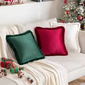 Decoration Sofa Soft Velvet Throw Pillow Cushion Cover 18×18 Inch Red Velvet Pillow Case With Furry Edges