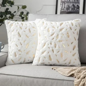Decorative Gold Feathers Gilding Leaves Throw Pillow Covers Sparkling Throw Pillow Covers Fluffy Plush Soft Square Cushion Cases
