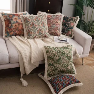 Decorative Square Cushion Cover Bedroom American Jacquard Floral Satin Pattern Outdoor Throw Pillows Tassels
