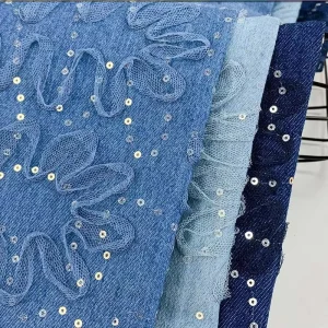 Denim Fabric Polyester Cotton Lace Bead Embroidered Denim Fabric for Clothing Diy Decoration