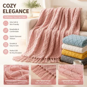 Diamond Knitted Throw Blanket with Tassels for Sofa Bed Soft Lightweight Textured Decorative Blanket for Home Decor Gift