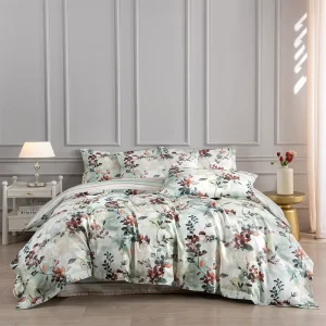 Digital Printed Watercolor Floral Duvet Cover Reversible Soft Microfiber Sage Green Bedding Set Queen King Size Bulk