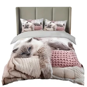 Digital printed Brushed Fabric Polyester European Style Animal Cat Soft Skin Friendly Customizable Three Piece Duvet Cover Set