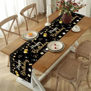 Disposable Black Gold Happy Birthday Table Runner PE Long Tablecloth with Balloon Birthday Party Dining Table Decor
