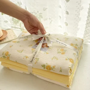 Ditsy Floral Double Gauze Bedding Set Ins Style Knitted Jacquard 4 Piece Breathable & Soft Duvet Cover Set