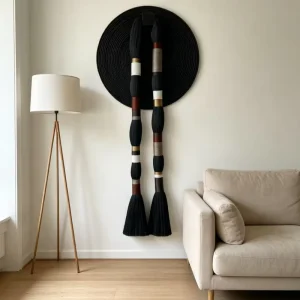 Double Brush Fiber Wall Decor Hand Woven Black Rope Round Plaque Macrame Tassel Wall Hanging Luxury Home Wall Art Decoration