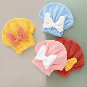 Double Color Coral Velvet Fleece Hair Towel Thickening Knitted Princess Hat with Bow Knot Wrap for Home and Hotel Bathroom Use