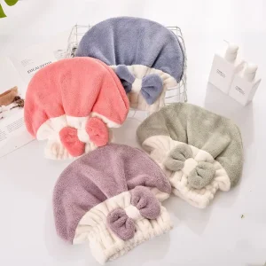 Double Color Drying Caps Coral Velvet Microfiber Hair Towel with Bowknot Wrap Princess Hat for Bathroom Use