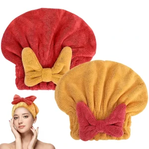 Double-Color Drying Hair Caps Thickening Coral Velvet Fleece Hair Towel with Bow Knot Wrap Princess Hat