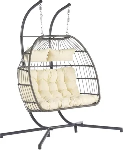 Double Egg Chair With Stand Hanging Indoor Outdoor Wicker Rattan Patio Basket Egg Swing Chair for Adult and Child
