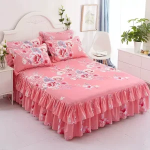 Double Layer Bedspread Floral Printed Bed Sheet Bilateral Bed Skirt + 2 Pair of Pillowcase Bed Sheets Pink Bed Skirt Set