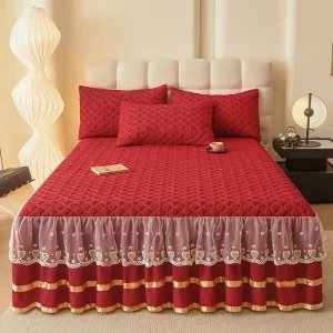 Double Layer Bedspread Solid Bed Sheet Bilateral Quilted Mattress Protective Cover Bed Skirts Set