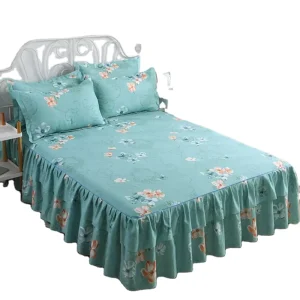 Double Layer Floral Printed Bedspread Bilateral Bed Skirt and 2 Pair Pillowcase Bedsheets 80″ for Bedroom