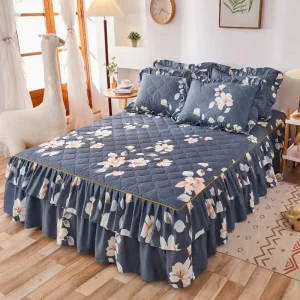 Double Layer Floral Printed Bilateral Bed Skirt Set Includes 2 Pillowcases Bed Sheets