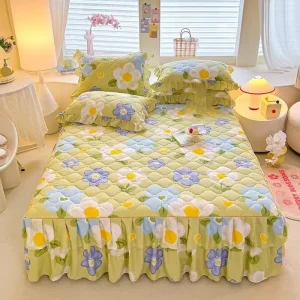Double Layer Floral Printed King Size Bed Skirt Set 100% Polyester Washable Modern Design