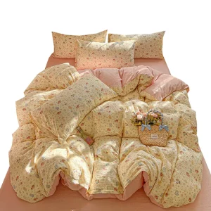 Double Layer Gauze Duvet Cover Set Pure Water Washed Cotton Plants Flowers Pattern Soft Breathable Student Dorm Use