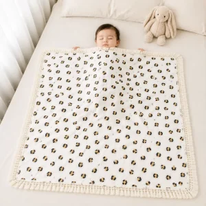 Double Layer Printed Cotton Crepe Stroller Blanket Baby Shawl with Tassel Lace Ins Printed Bedding for Kids