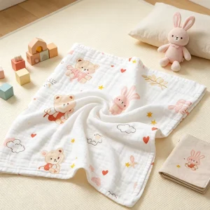 Double Layer Wrinkled Cotton Gauze Baby Swaddle Blanket Cute Bear Bunny Print Soft Newborn Bath Towel Crib Stroller Cover