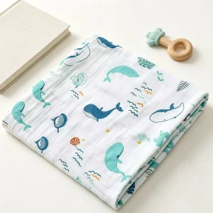 Double Layer Wrinkled Cotton Gauze Baby Swaddle Blanket Cute Ocean Whale Print Soft Newborn Bath Towel Crib Stroller Cover