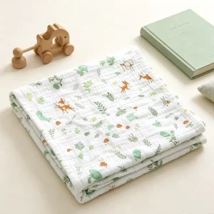 Double Layer Wrinkled Cotton Gauze Baby Swaddle Blanket Forest Deer Rabbit Print Soft Newborn Bath Towel Crib Stroller Cover