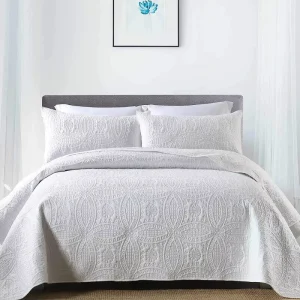 Double Ring Solid Color Ultrasonic Embossed Folded Simple Bedspread 3PCS Anti Wrinkle Reusable Home & Hotel Quilt Cover