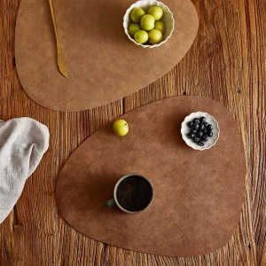 Double Sided Anti Slip PU Insulation Pad Table Mat Nordic Style Imitation Cowhide Pattern Water Droplet Shaped Leather Placemat