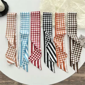 Double Sided Colorful Diamond Plaid Vertical Striped Skinny Scarf for Women Hair Wrapping Custom Logo Long Ribbon Scarves