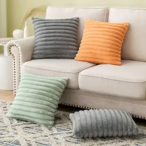 Double Sided Faux Fur & Velvet Throw Pillow Cushion Covers Fluffy & Soft Striped Design for Home Decor Made Polyester