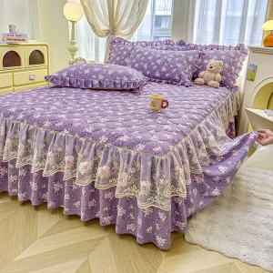 Double layered Sheer Thick Bed Cover with Lace Trim and Petticoat Bed Skirt and Sheet Set