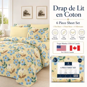 Drap de Lit en Coton 6 Piece Sheet Set King Size 1 Flat Sheet 1 Fitted Sheet 4 Pillowcases Bedding Set