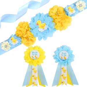 Duck Baby Shower Maternity Sash Kit Blue Yellow Duck Baby Shower Belly Belt and Mom to Be and Dad to Be Corsage Pins