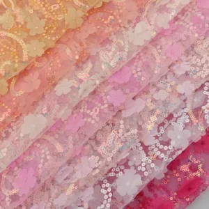 Durable Luxury Pink 3D Floral Beaded Sequined Mesh Lace Fabric Embroidered Knitted Girls Boys Wedding Special Occasion
