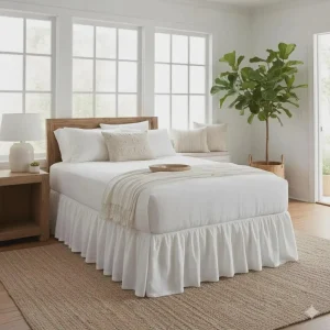 Dust Ruffled White Linen Bedskirt 100% French Flax Linen Bed Skirt Stonewashed Farmhouse Bedding for Home Bedroom Hotel