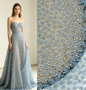 Dusty Blue 3D Handmade Rose Floral Tulle Lace Fabric With Tube Bead Embroidery Sheer Mesh For Couture Formal Prom Dress