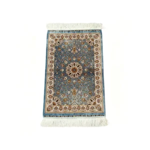 Dusty Blue Persian Mandala Floral Modal Silk Rug 60*90cm Double Sided Woven Mulberry Silk Fringes