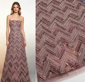 Dusty Pink Geometric Chevron Rhinestone Beaded Tulle Lace Fabric For Wedding Evening Prom Party Gown