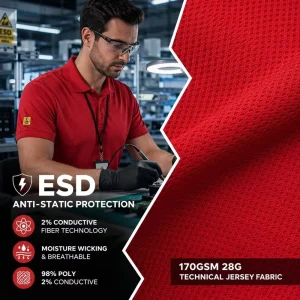 ESD Anti Static Industrial Workwear Polo Shirt 170GSM Conductive Jersey Fabric for Cleanroom Electronics Factory Labor Uniform