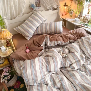 EU Double Size Soft Striped Duvet Cover Set Double Gauze Polyester Breathable Cottagecore Bedding Set for Bedroom Guest Room