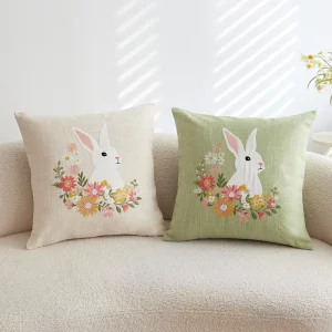 Easter Bunny Embroidery Square Throw Pillow Cover 18×18 Home Decor Vintage Style Removable Washable
