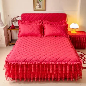 Eastern Style Ruffled Romantic Wedding Party Red Flower 3PCS Cotton Bed Skirts Cotton Bedsheets