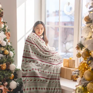 Eco Conscious Christmas Throw Blanket Knitted Sherpa Flannel Lining Soft Sustainable Holiday Gift Bed Couch Fleece OEM