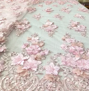 Eco Friendly 3D Flower Beaded Lace Applique Embroidered Tulle Fabric Bridal Wedding Dress