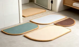 Eco Friendly Bamboo Diatomite Semi Circular Loop Pile Bath Mat Quick Dry Non Slip Absorbent Shower Rug Modern Bathroom Mat