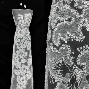 Eco-Friendly Lace Embroidered Beaded White Fabric for Bridal Wedding Dresses Home Bedding Baby Bags