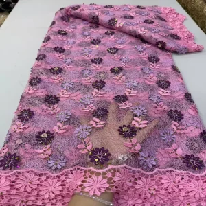 Eco Friendly Laser Cut Water Soluble Knitted Tulle Fabric with Wired Embroidery and Beaded Cord Lace for Girls